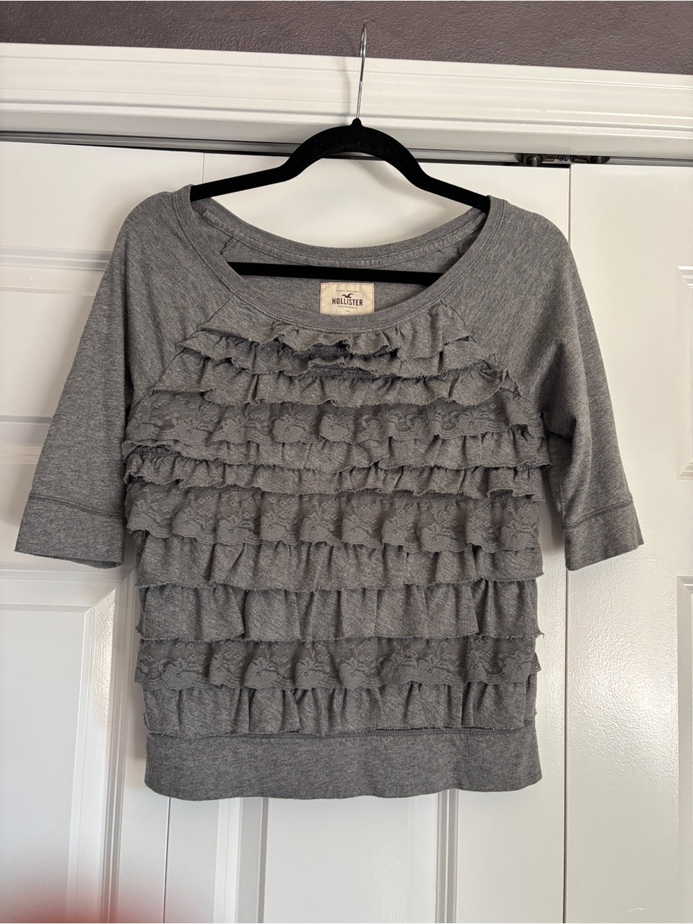 Hollister Grey Ruffle Front Scoop-Neck Shirt